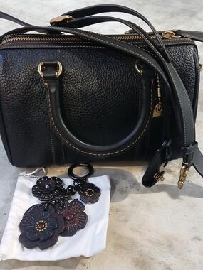Black Leather Satchel Handbag with Floral Charm